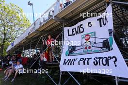 A banner for Lewis Hamilton (GBR) Mercedes AMG F1. 06.06.2015. Formula 1 World Championship, Rd 7, Canadian Grand Prix, Montreal, Canada, Qualifying Day.