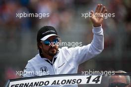 Fernando Alonso (ESP) McLaren on the drivers parade. 07.06.2015. Formula 1 World Championship, Rd 7, Canadian Grand Prix, Montreal, Canada, Race Day.