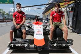 Roberto Merhi (ESP) Manor Marussia F1 Team and Will Stevens (GBR) Manor Marussia F1 Team as the team reveal airbnb as sponsors. 04.06.2015. Formula 1 World Championship, Rd 7, Canadian Grand Prix, Montreal, Canada, Preparation Day.