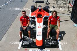 Roberto Merhi (ESP) Manor Marussia F1 Team and Will Stevens (GBR) Manor Marussia F1 Team as the team reveal airbnb as sponsors. 04.06.2015. Formula 1 World Championship, Rd 7, Canadian Grand Prix, Montreal, Canada, Preparation Day.
