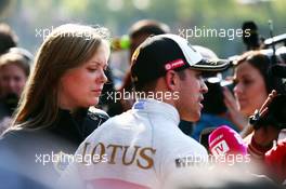 Pastor Maldonado (VEN) Lotus F1 Team and Aurelie Donzelot (FRA) Lotus F1 Team Media Communications Manager with the media. 11.04.2015. Formula 1 World Championship, Rd 3, Chinese Grand Prix, Shanghai, China, Qualifying Day.