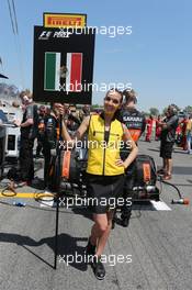 Grid girl for Sergio Perez (MEX) Sahara Force India F1 VJM08. 10.05.2015. Formula 1 World Championship, Rd 5, Spanish Grand Prix, Barcelona, Spain, Race Day.