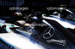 Lewis Hamilton (GBR) Mercedes AMG F1 W06 and team mate, race winner, Nico Rosberg (GER) Mercedes AMG F1 W06, in parc ferme. 10.05.2015. Formula 1 World Championship, Rd 5, Spanish Grand Prix, Barcelona, Spain, Race Day.