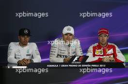 The post race FIA Press Conference (L to R): Lewis Hamilton (GBR) Mercedes AMG F1; Nico Rosberg (GER) Mercedes AMG F1; Sebastian Vettel (GER) Ferrari. 10.05.2015. Formula 1 World Championship, Rd 5, Spanish Grand Prix, Barcelona, Spain, Race Day.