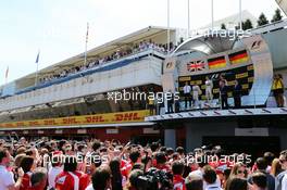 The podium (L to R): Lewis Hamilton (GBR) Mercedes AMG F1, second; Nico Rosberg (GER) Mercedes AMG F1, race winner; Sebastian Vettel (GER) Ferrari, third. 10.05.2015. Formula 1 World Championship, Rd 5, Spanish Grand Prix, Barcelona, Spain, Race Day.