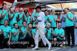 Lewis Hamilton (GBR) Mercedes AMG F1 celebrates with the team. 10.05.2015. Formula 1 World Championship, Rd 5, Spanish Grand Prix, Barcelona, Spain, Race Day.