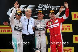 Nico Rosberg (GER), Mercedes AMG F1 Team and Lewis Hamilton (GBR), Mercedes AMG F1 Team and Sebastian Vettel (GER), Scuderia Ferrari  10.05.2015. Formula 1 World Championship, Rd 5, Spanish Grand Prix, Barcelona, Spain, Race Day.