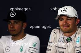 Race winner Nico Rosberg (GER) Mercedes AMG F1 in the FIA Press Conference with team mate Lewis Hamilton (GBR) Mercedes AMG F1. 10.05.2015. Formula 1 World Championship, Rd 5, Spanish Grand Prix, Barcelona, Spain, Race Day.