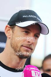 Jenson Button (GBR) McLaren with the media. 07.05.2015. Formula 1 World Championship, Rd 5, Spanish Grand Prix, Barcelona, Spain, Preparation Day.