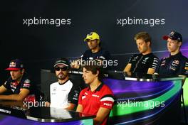 The FIA Press Conference (From back row (L to R)) Felipe Nasr (BRA) Sauber F1 Team; Nico Rosberg (GER) Mercedes AMG F1; Daniil Kvyat (RUS) Red Bull Racing; Carlos Sainz Jr (ESP) Scuderia Toro Rosso; Fernando Alonso (ESP) McLaren; Roberto Merhi (ESP) Manor Marussia F1 Team.  07.05.2015. Formula 1 World Championship, Rd 5, Spanish Grand Prix, Barcelona, Spain, Preparation Day.