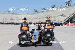 (L to R): Sergio Perez (MEX) Sahara Force India F1 VJM07 with team mate Nico Hulkenberg (GER) Sahara Force India F1. 22.01.2015. Autodromo Hermanos Rodriguez Circuit Visit, Mexico City, Mexico. Thursday 22nd January 2015.