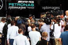 Lewis Hamilton (GBR) Mercedes AMG F1 with the media. 23.07.2015. Formula 1 World Championship, Rd 10, Hungarian Grand Prix, Budapest, Hungary, Preparation Day.