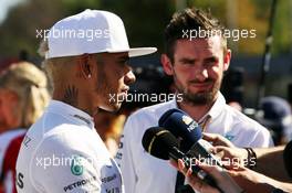 Lewis Hamilton (GBR) Mercedes AMG F1 with the media. 06.09.2015. Formula 1 World Championship, Rd 12, Italian Grand Prix, Monza, Italy, Race Day.