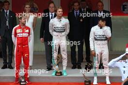 1st place Nico Rosberg (GER) Mercedes AMG F1 W06, 2nd place Sebastian Vettel (GER) Ferrari and 3rd place Lewis Hamilton (GBR) Mercedes AMG F1. 24.05.2015. Formula 1 World Championship, Rd 6, Monaco Grand Prix, Monte Carlo, Monaco, Race Day.