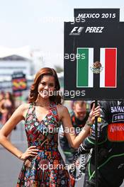 Grid girl for Sergio Perez (MEX) Sahara Force India F1. 01.11.2015. Formula 1 World Championship, Rd 17, Mexican Grand Prix, Mexixo City, Mexico, Race Day.