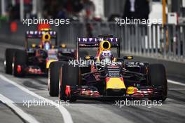 Daniel Ricciardo (AUS) Red Bull Racing RB11 and team mate Daniil Kvyat (RUS) Red Bull Racing RB11. 28.03.2015. Formula 1 World Championship, Rd 2, Malaysian Grand Prix, Sepang, Malaysia, Saturday.
