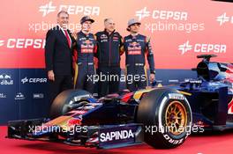 (L to R): The Cepsa Vice President of Marketing; Max Verstappen (NLD) Scuderia Toro Rosso; Franz Tost (AUT) Scuderia Toro Rosso Team Principal; and Carlos Sainz Jr (ESP) Scuderia Toro Rosso, at the Scuderia Toro Rosso STR10 unveiling. 31.01.2015. Formula One Testing, Preparation Day, Jerez, Spain.