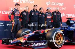 The Scuderia Toro Rosso STR10 is unveiled (L to R): Max Verstappen (NLD) Scuderia Toro Rosso; Paolo Marabini (ITA) Scuderia Toro Rosso Chief Designer; James Key (GBR) Scuderia Toro Rosso Technical Director; Matteo Piraccini (ITA) Scuderia Toro Rosso Chief Designer; Franz Tost (AUT) Scuderia Toro Rosso Team Principal. 31.01.2015. Formula One Testing, Preparation Day, Jerez, Spain.