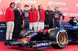 (L to R): The Cepsa Vice President of Marketing; Max Verstappen (NLD) Scuderia Toro Rosso; Cepsa personnel; Franz Tost (AUT) Scuderia Toro Rosso Team Principal; and Carlos Sainz Jr (ESP) Scuderia Toro Rosso, at the Scuderia Toro Rosso STR10 unveiling. 31.01.2015. Formula One Testing, Preparation Day, Jerez, Spain.