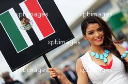 Grid girl for Sergio Perez (MEX) Sahara Force India F1 VJM08. 25.10.2015. Formula 1 World Championship, Rd 16, United States Grand Prix, Austin, Texas, USA, Race Day.