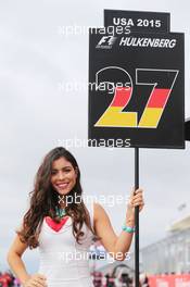 Grid girl for Nico Hulkenberg (GER) Sahara Force India F1. 25.10.2015. Formula 1 World Championship, Rd 16, United States Grand Prix, Austin, Texas, USA, Race Day.