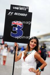 Grid girl. 25.10.2015. Formula 1 World Championship, Rd 16, United States Grand Prix, Austin, Texas, USA, Race Day.