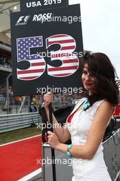 Grid girl for Alexander Rossi (USA) Manor Marussia F1 Team. 25.10.2015. Formula 1 World Championship, Rd 16, United States Grand Prix, Austin, Texas, USA, Race Day.
