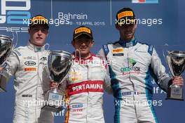 Race 2, 1st position Rio Haryanto (IND) Campos Racing, 2nd position Stoffel Vandoorne (BEL) Art Grand Prix and 3rd position Nathanael Berthon (FRA) Lazarus 19.04.2015. GP2 Series, Rd 1, Sakhir, Bahrain, Sunday.