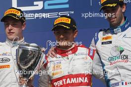 Race 2, 1st position Rio Haryanto (IND) Campos Racing, 2nd position Stoffel Vandoorne (BEL) Art Grand Prix and 3rd position Nathanael Berthon (FRA) Lazarus 19.04.2015. GP2 Series, Rd 1, Sakhir, Bahrain, Sunday.