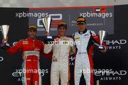 Race 2, 1st position Alex Palou (ESP) Campos Racing, 2nd position Antonio Fuoco (ITA) Carlin and 3rd position Esteban Ocon (FRA) ART Grand Prix 29.11.2015. GP3 Series, Rd 9, Yas Marina Circuit, Abu Dhabi, UAE, Sunday.
