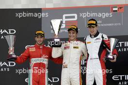 Podium, 2nd Antonio Fuoco (ITA) Carlin, 1st Álex Palou (ESP) Campos Racing, 3rd Esteban Ocon (FRA) ART Grand Prix. 29.11.2015. GP3 Series, Rd 9, Yas Marina Circuit, Abu Dhabi, UAE, Sunday.