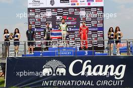 Race 1, 1st position Munkong Sathienthirakul (THA) SEAT Lev=n, Craft-Bamboo Racing race winner, 2nd position Tin Sritrai (THA) SEAT Leon, Asia Racing Team and 3rd position Kevin Pu (CHN) SEAT Leon, Asia Racing Team 23-25.10.2015. TCR International Series, Rd 10, Buriram, Thailand.