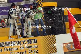 Race 2, Podium 1st position Stefano Comini (SUI) SEAT Leon, Target Competition  2nd position Andrea Belicchi (ITA) SEAT Leon, Target Competition  3rd position Mikhail Grachev (RUS) Volkswagen Golf TCR, Liqui Moly Team Engstler 20-22.11.2015. TCR International Series, Rd 11, Macau, China.