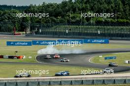 crash, dust cloud, Esteban Ocon (FRA) Mercedes-AMG Team ART, Mercedes-AMG C 63 DTM DTM, Martin Tomczyk (GER) BMW Team Schnitzer, BMW M4 DTM,  04.06.2016, DTM Round 3, Lausitzring, Germany, Saturday.