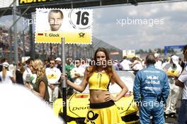 Grid girl of Timo Glock (GER) BMW Team RMG, BMW M4 DTM. 05.06.2016, DTM Round 3, Lausitzring, Germany, Race 2, Sunday.