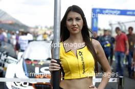 Grid girl of Tom Blomqvist (GBR) BMW Team RBM, BMW M4 DTM. 05.06.2016, DTM Round 3, Lausitzring, Germany, Race 2, Sunday.