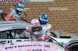 Mattias Ekström (SWE) Audi Sport Team Abt Sportsline, Audi A5 DTM, congratulates Lucas Auer (AUT) Mercedes-AMG Team Mücke, Mercedes-AMG C63 DTM,  05.06.2016, DTM Round 3, Lausitzring, Germany, Sunday.