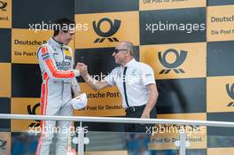 podium, Robert Wickens (CAN) Mercedes-AMG Team HWA, Mercedes-AMG C63 DTM, congrats his former team boss Peter Mücke (GER), Mercedes-AMG Team Mücke,  05.06.2016, DTM Round 3, Lausitzring, Germany, Sunday.