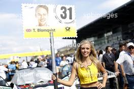Grid girl of Tom Blomqvist (GBR) BMW Team RBM, BMW M4 DTM. 10.09.2016, DTM Round 7, Nürburgring, Germany, Saturday Race.