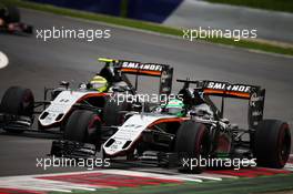 Nico Hulkenberg (GER) Sahara Force India F1 VJM09 and team mate Sergio Perez (MEX) Sahara Force India F1 VJM09. 03.07.2016. Formula 1 World Championship, Rd 9, Austrian Grand Prix, Spielberg, Austria, Race Day.