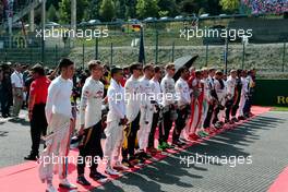 Drivers as the grid observes the national anthem. 28.08.2016. Formula 1 World Championship, Rd 13, Belgian Grand Prix, Spa Francorchamps, Belgium, Race Day.