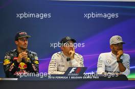 The post race FIA Press Conference (L to R): Daniel Ricciardo (AUS) Red Bull Racing, second; Nico Rosberg (GER) Mercedes AMG F1, race winner; Lewis Hamilton (GBR) Mercedes AMG F1, third. 28.08.2016. Formula 1 World Championship, Rd 13, Belgian Grand Prix, Spa Francorchamps, Belgium, Race Day.
