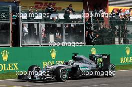 Lewis Hamilton (GBR) Mercedes AMG F1 W07 Hybrid celebrates his third position at the end of the race. 28.08.2016. Formula 1 World Championship, Rd 13, Belgian Grand Prix, Spa Francorchamps, Belgium, Race Day.