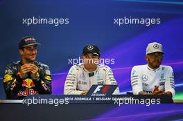 The post race FIA Press Conference (L to R): Daniel Ricciardo (AUS) Red Bull Racing, second; Nico Rosberg (GER) Mercedes AMG F1, race winner; Lewis Hamilton (GBR) Mercedes AMG F1, third. 28.08.2016. Formula 1 World Championship, Rd 13, Belgian Grand Prix, Spa Francorchamps, Belgium, Race Day.