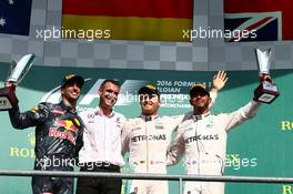 1st place for Nico Rosberg (GER) Mercedes AMG Petronas F1 W07, 2nd place for Daniel Ricciardo (AUS) Red Bull Racing RB12 and 3rd place for Lewis Hamilton (GBR) Mercedes AMG F1 W07 . 28.08.2016. Formula 1 World Championship, Rd 13, Belgian Grand Prix, Spa Francorchamps, Belgium, Race Day.