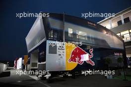 A Red Bull Racing pit building at night. 27.08.2016. Formula 1 World Championship, Rd 13, Belgian Grand Prix, Spa Francorchamps, Belgium, Qualifying Day.