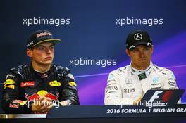 (L to R): Max Verstappen (NLD) Red Bull Racing and Nico Rosberg (GER) Mercedes AMG F1 in the post qualifying FIA Press Conference. 27.08.2016. Formula 1 World Championship, Rd 13, Belgian Grand Prix, Spa Francorchamps, Belgium, Qualifying Day.