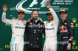 1st place Lewis Hamilton (GBR) Mercedes AMG F1 W07 , 2nd Nico Rosberg (GER) Mercedes AMG Petronas F1 W07 and 3rd place for Max Verstappen (NLD) Red Bull Racing RB12. 13.11.2016. Formula 1 World Championship, Rd 20, Brazilian Grand Prix, Sao Paulo, Brazil, Race Day.