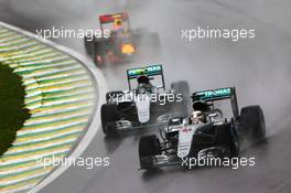 Lewis Hamilton (GBR) Mercedes AMG F1 W07 Hybrid leads team mate Nico Rosberg (GER) Mercedes AMG F1 W07 Hybrid and Max Verstappen (NLD) Red Bull Racing RB12. 13.11.2016. Formula 1 World Championship, Rd 20, Brazilian Grand Prix, Sao Paulo, Brazil, Race Day.