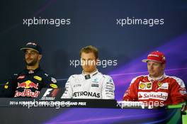 The post qualifying FIA Press Conference (L to R): Daniel Ricciardo (AUS) Red Bull Racing, second; Nico Rosberg (GER) Mercedes AMG F1, pole position; Kimi Raikkonen (FIN) Ferrari, third. 16.04.2016. Formula 1 World Championship, Rd 3, Chinese Grand Prix, Shanghai, China, Qualifying Day.